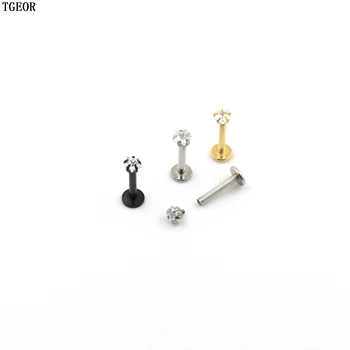 

free shipping 16G lip piercing 30pcs surgical Stainless Steel gem star CZ zircon internally thread titanium plated labret ring