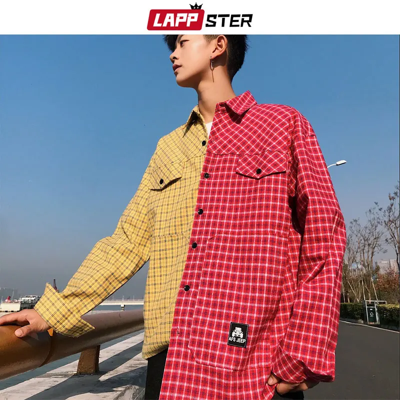 

LAPPSTER Men Pathwork Plaid Shirts 2019 Mens Korean Fashions Long Sleeve Shirts Streetwear Hip Hop Color Block Yellow Shirt 3XL