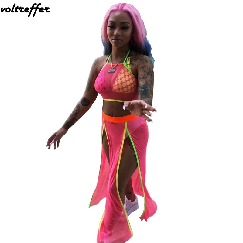 

Fluorescence Color Fit And Flare Dress Halter Crop Top Side Split Maxi Vestidos Longo Two Piece Dresses Sexy Club Wear