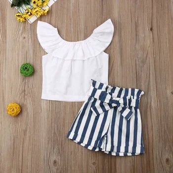 

Fashion Toddler Baby Girls Off Shoulder Tops Striped Pants Shorts 2pcs Outfits Clothes