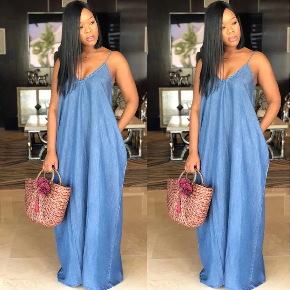 

Summer Women Lady Backelss Spaghetti Strap Long Denim Maxi Dress Women Loose Jean Dresses Blue Plus SizeHC077
