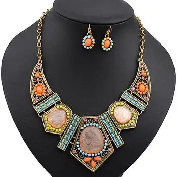 

2020 New Fashion Women's Boho Colorful Hollow Statement Chain Choker Necklace Hook Earrings Set hot Wedding jewelry set