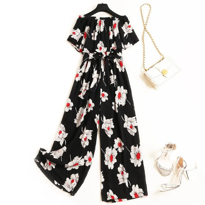 Summer Printed Floral Black Chiffon Women Rompers And Jumpsuits 2019 Fashion Nova Woman Plus Size Slash Neck Sashes Jumpsuits