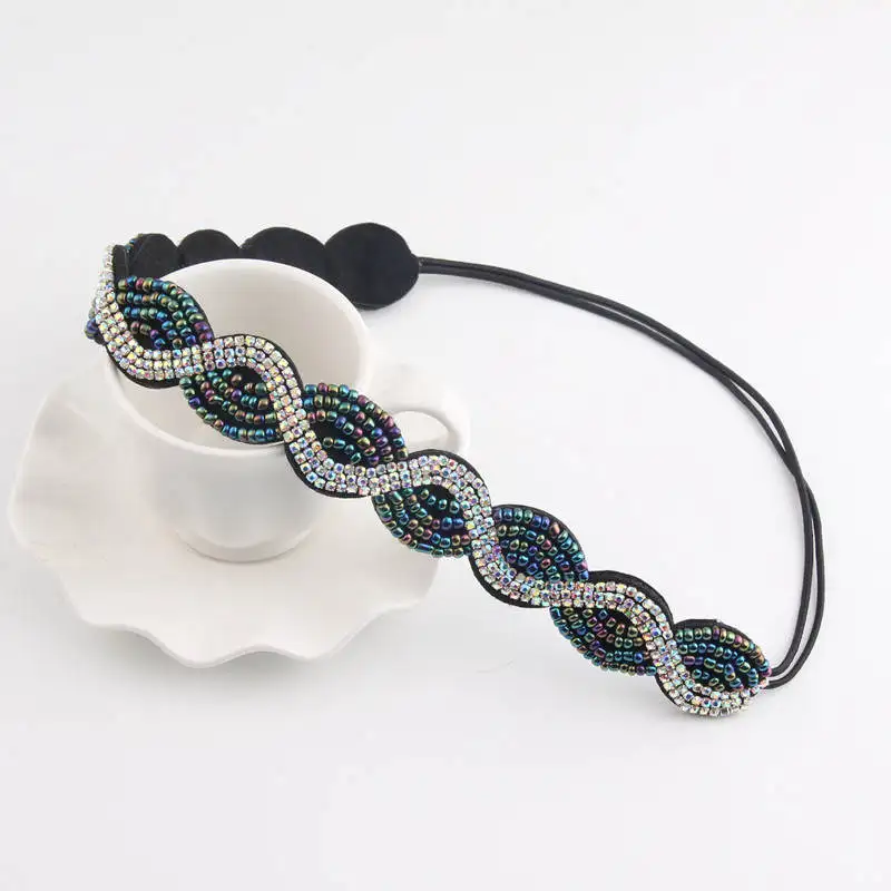 

Bohemian Women Handmade Headbands Wave Pattern Rhinestone Beads Elastic Hair Accessories 3H3005