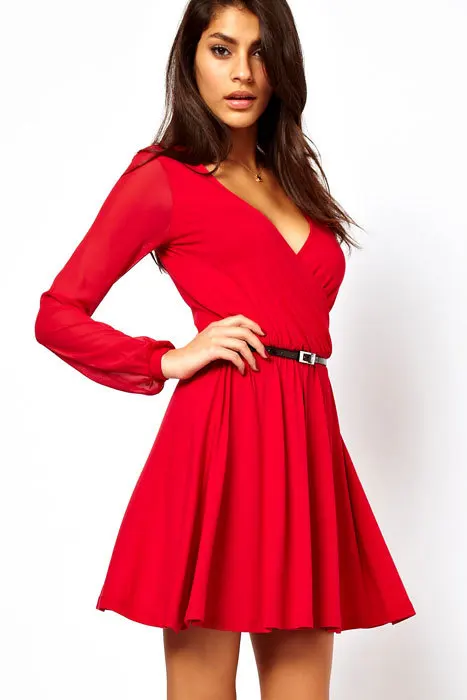 v neck red skater dress