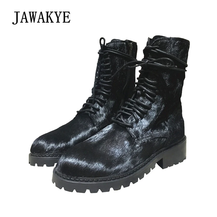 Martin Inside black Chaussures Black Bottes Lacent Sexy Bout Jawakye Botas Crin Largas Plush Femmes Rond Haute Qualité D'hiver Noir Leather Plat Inside Cheville Ht4w6R