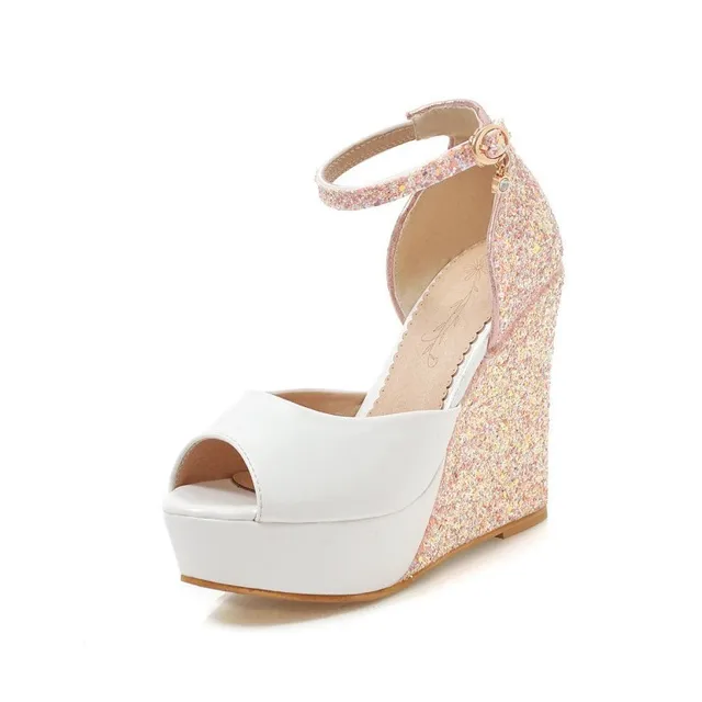 PXELENA Bling Wedge High Heel Platform Women Wedding Sandals Peep Toe Ankle Strap Sequined Party 