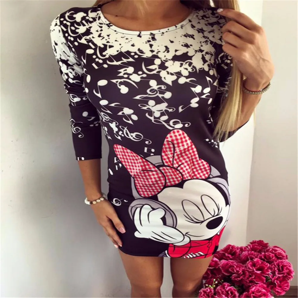 Sexy Bag Hip Women's Black Mini Dress Summer Five-point Sleeves Round Neck Slim Mickey print Temperament Elegant Women's Dress