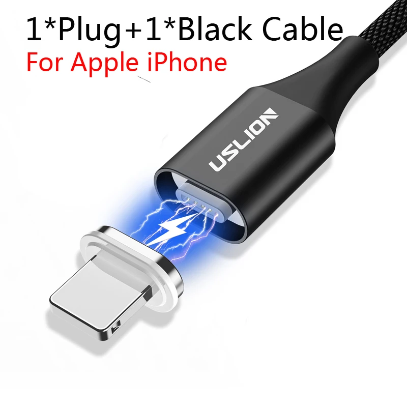 USLION QC3.0 3A Магнитный usb-кабель для быстрой зарядки для iPhone 11 Pro Max samsung Micro USB type C кабель для зарядки мобильного телефона - Цвет: For iPhone Black