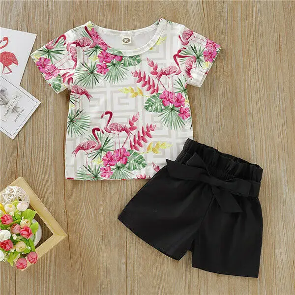 USA Newborn Kids Baby Girls Flamingo Tops T-Shirt Pants Shorts Black Outfits Set