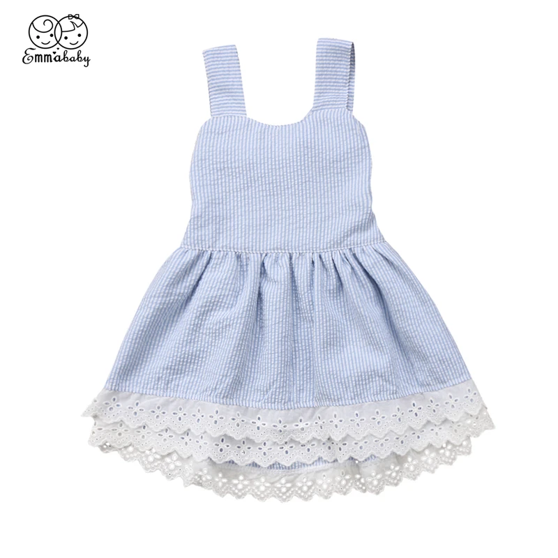 

Emmababy 0-5T Children Baby girl dress summer striped Kids Girls Sleeveless sky blue lace Princess Dresses cotton Dress girl