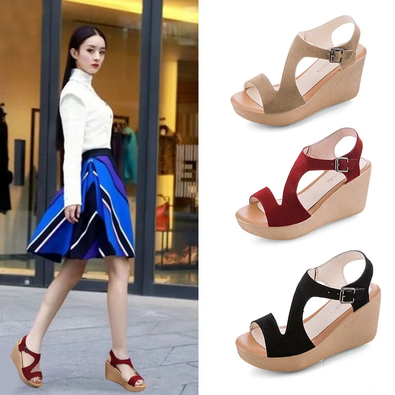 

Korean Version of Scrub Skin Muffin with Slope and Open Toe Sandals Summer New Thick Bottom Shoes