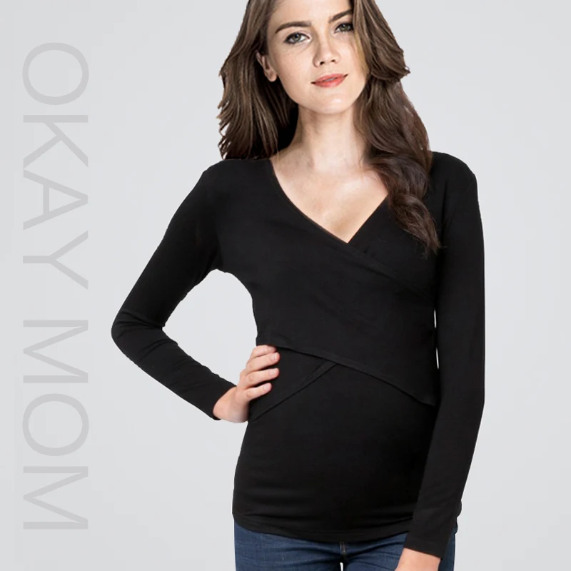 Повседневные синие и серые хлопковые рубашки OkayMom для кормящих матерей весенние