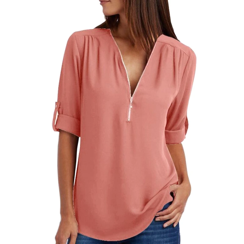 الأزياء الصلبة سستة قميص فضفاض زائد حجم 5XL طويل الأكمام الشيفون Blusas قمم 2019 جديد إمرأة مثير V الرقبة عارضة الصيف بلوزة