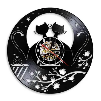 

Cat Pet Lover Quartz Wall Clock Made Of Vinyl Record Kitty Animals Artwork Laser Cut Wall Watch With LED Light Housewarming Gift