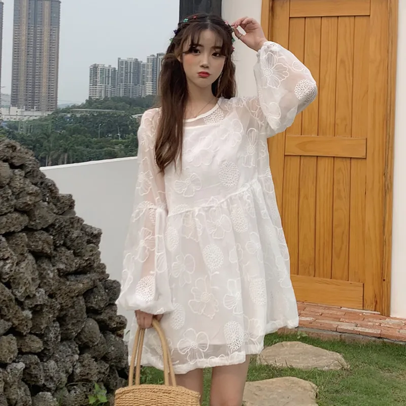 

2019 Girl Openwork Embroidered Loose Dress Women's Dresses Chic Ins Kawaii Ulzzang Female Sweet Harajuku Punk Clothes For Women