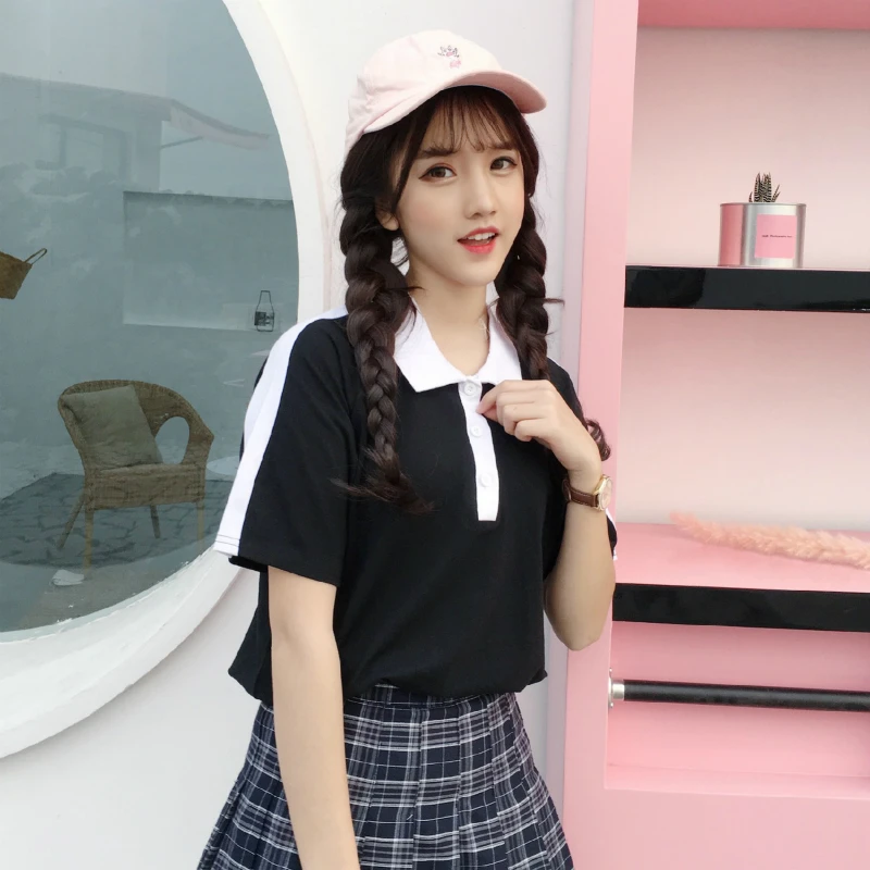 

Three Colors Summer Sweet New Cotton T Shirt Women Cute Turn-down Collar Short Student T Shirt Half Sleeve Striped Tops Female