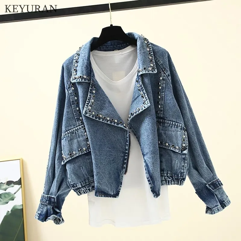 

Rivet Beading Pockets Women Denim Jacket Zipper Placket Female Loose Coat 2019 Autumn Winter New Cool Girl Outwear L3561