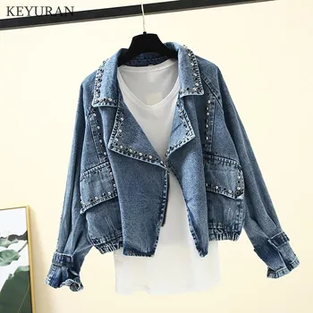 

Rivet Beading Pockets Women Denim Jacket Zipper Placket Female Loose Coat 2020 Autumn Winter New Cool Girl Outwear L3561