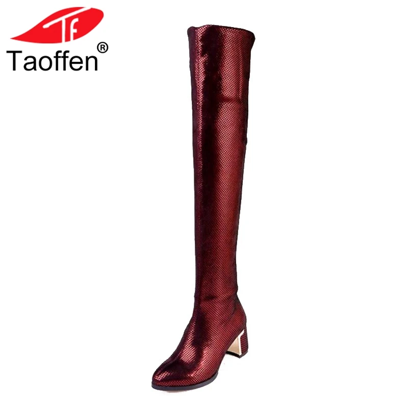 

Taoffen Office Lady Real Leather High Heels Boots Round Toe Shine Warm Fur Shoes Women Thick Heel Over Knee Boots Size 34-39
