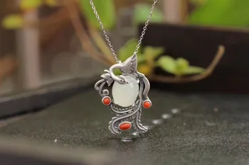 

The Taiwan craft design S925 Thai silver long necklace female Ms jewelry inlaid retro ethnic ethos sweater chain necklace