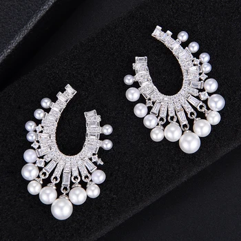 

Trendy Geometry Hook Pearl Full Cubic Zirconia Stud Earrings For Bridal Engagement Earrings Jewelry