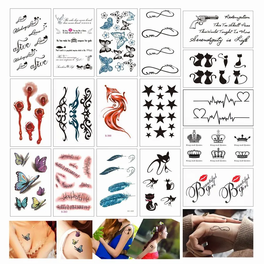 10 листов, водонепроницаемые Временные татуировки, боди-арт, тату, Бабочка, лисица, сердце, перо, кошка, бесконечность, Переводные поддельные татуировки, наклейки