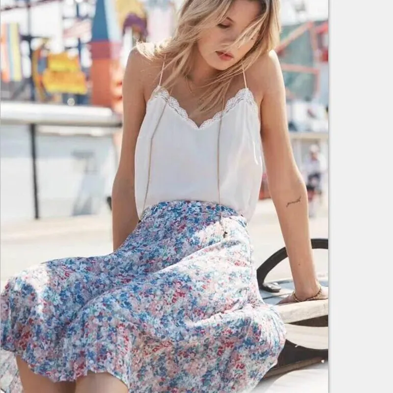 

Women Flower Print Pleated Midi Skirt French Sweet Fresh New Style