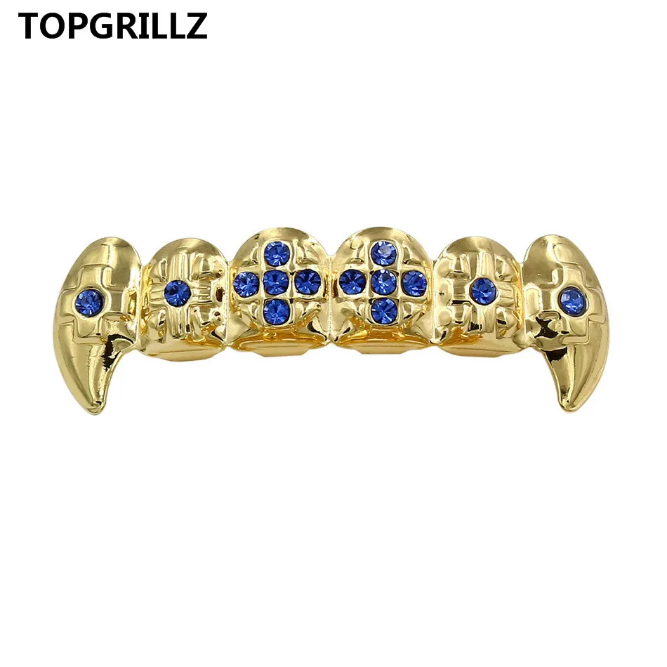 TOPGRILLZ Настоящее розовое золото цвет покрытием ICED OUT CZ зубы GRILLZ крест сверху и снизу зуб шапки Хип Хоп Bling Золотые грили - Окраска металла: Blue Top