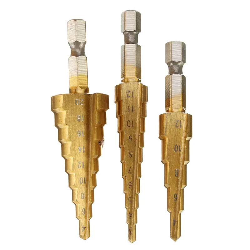 High Quality 3pcs/set Wood Drilling Titanium HSS Step Drill Bits 3 12mm