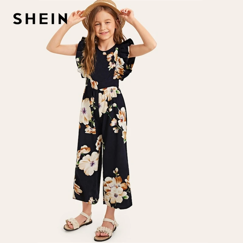 SHEIN Kiddie/темно-синий комбинезон для девочек с цветочным принтом и широкими штанинами для отдыха; коллекция 2019 года; Летний комбинезон с рукавами-крылышками и рюшами; Boho; пляжные Длинные Комбинезоны для подростков - изображение