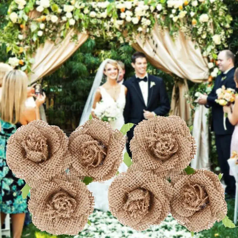 

6pcs/set Natural Jute Hessian Flower Handmade Burlap Rose Vintage Wedding Decoration Party Supplies DIY Party Decoration