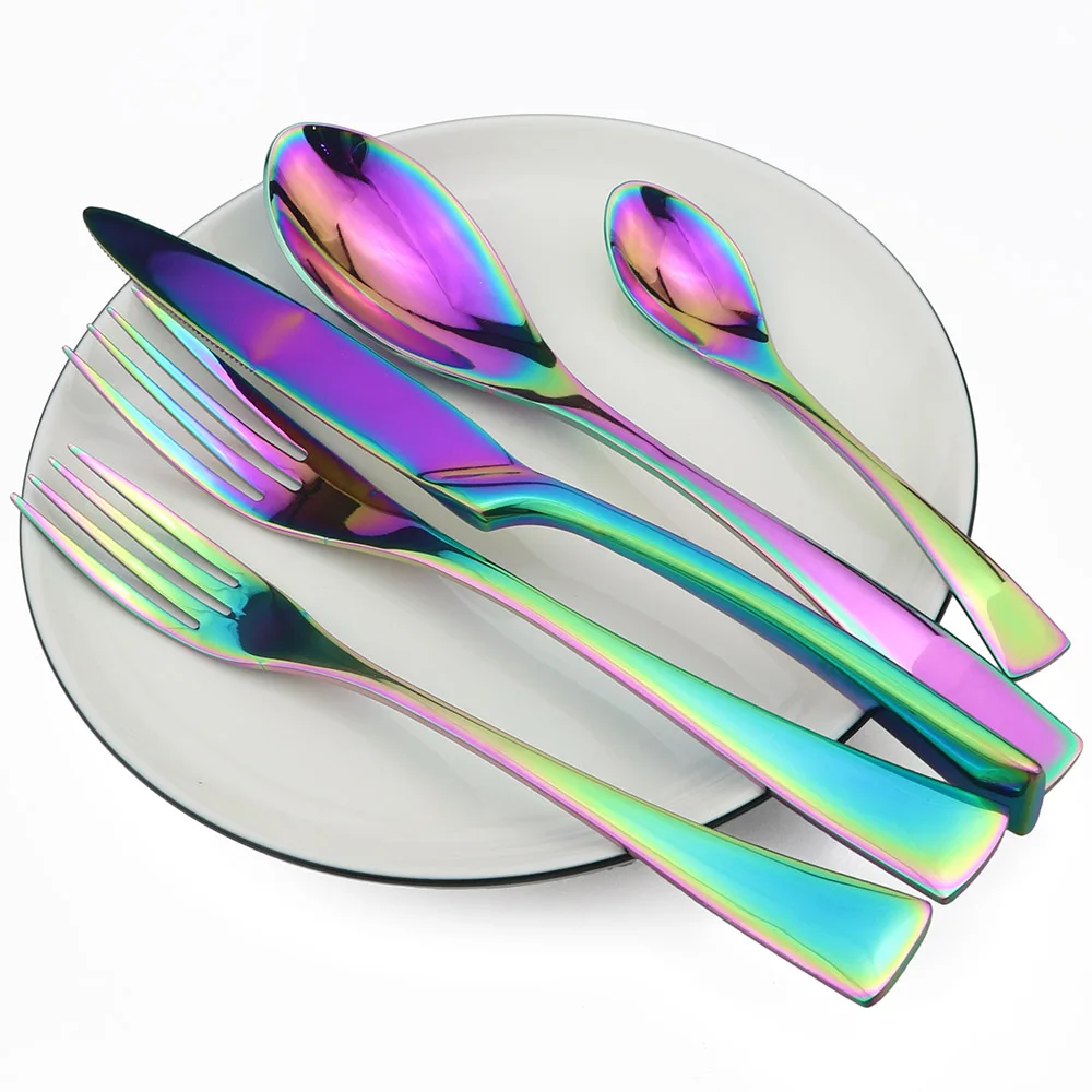5PCS Shiny Black Blue Rainbow Dinnerware Set Stainless Steel Tableware Cutlery Dinner Knife Dessert Cake Fork Chirstmas | Дом и сад