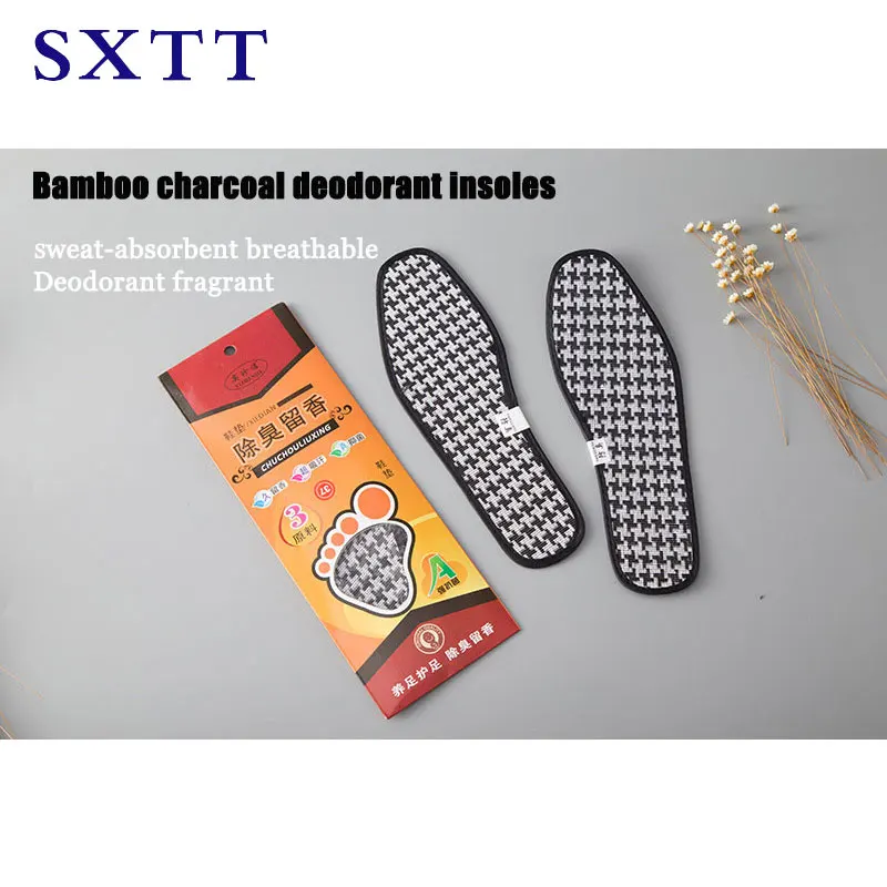 SXTT الفحم الجافة مزيل العرق المضادة للبكتيريا للجنسين الأسود النعال الخيزران الفحم مزيل العرق وسادة القدم إدراج الوسادات الحذاء