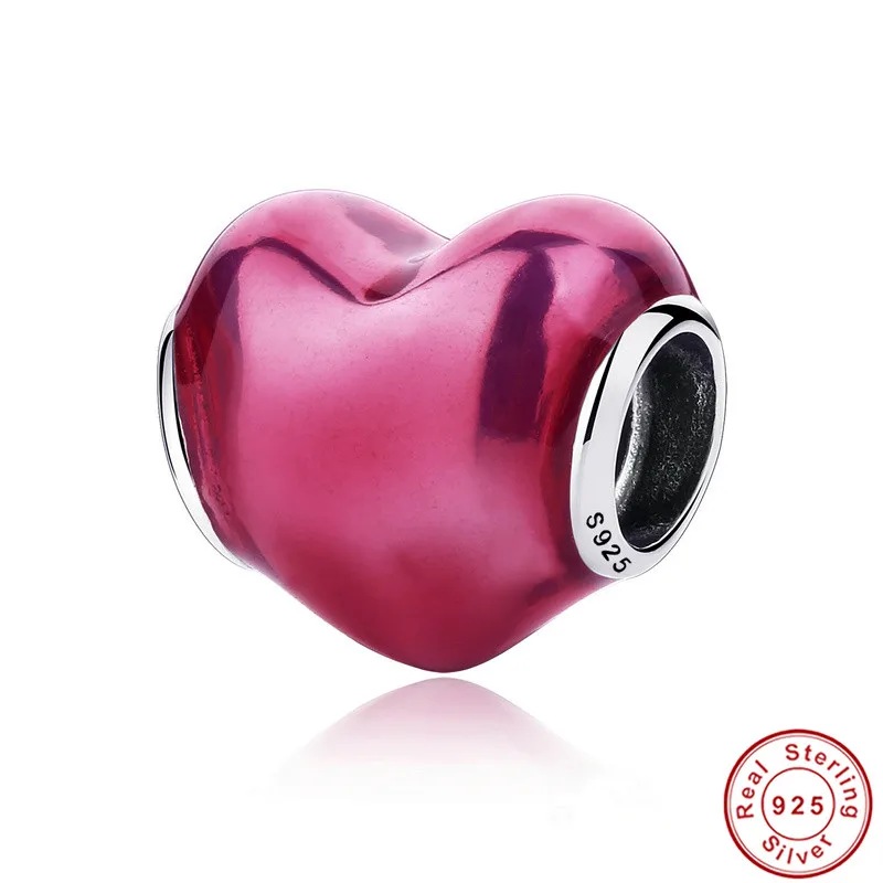 

fit Fashion Bracelet Heart Beads 925 Sterling Silver Wine Red Enamel Heart-shaped Romantic Charm 100% Real Silver Jewelry Making