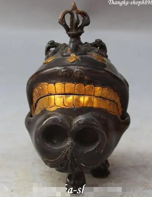 

Chinese Bronze Gilt Human Skeleton Head Faqi Incense Burner Censer Statue