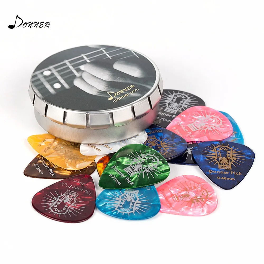 

Donner Celluloid Guitar Picks 16 Pack Includes Thin, Medium, Heavy & Extra Heavy Gauges with pick holder