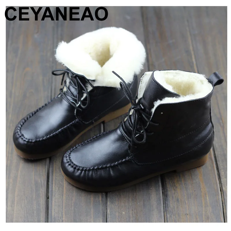 

CEYANEAO Boots Women Shoes 100% Genuine Leather Ladies Ankle Boots Round toe Lace up Women's Winter Botos with/without Wool