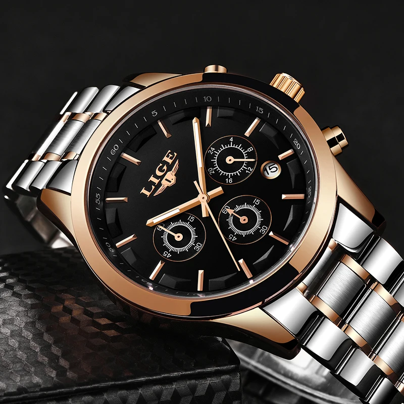 LIGE Mens Watches Top Brand Luxury Men's Waterproof Military Sport Watch Stainless Steel Analog Quartz Watches Relogio Masculino