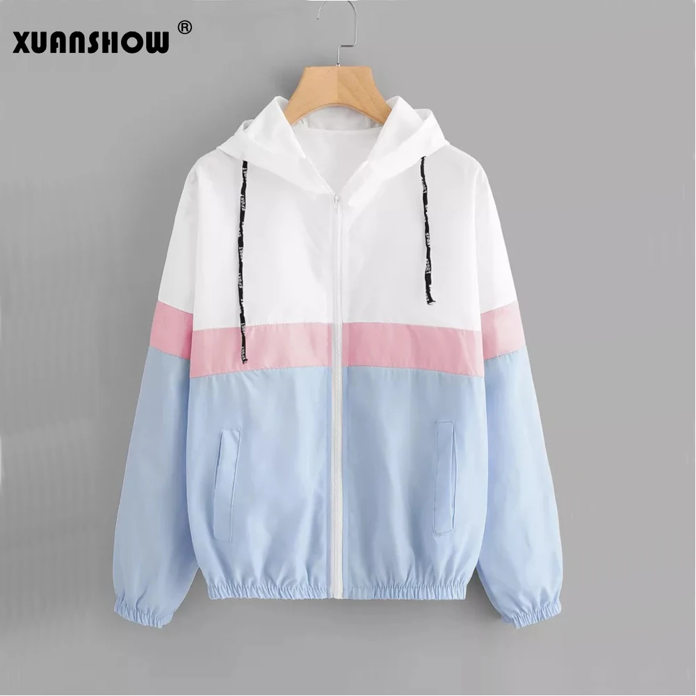 XUANSHOW/весенне осенняя модная Трехцветная ветровка с капюшоном в стиле пэчворк