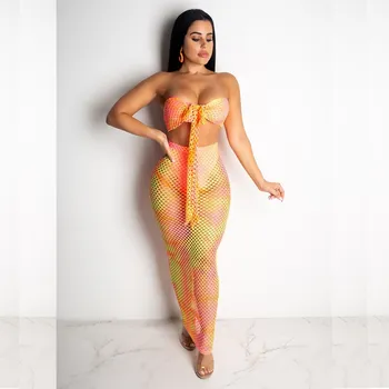 

Women Tie Dye Print Sexy Two Piece Set Off Shoulder Mesh Club Outfits Crop Top And Package Hip Skirt Matching Sets