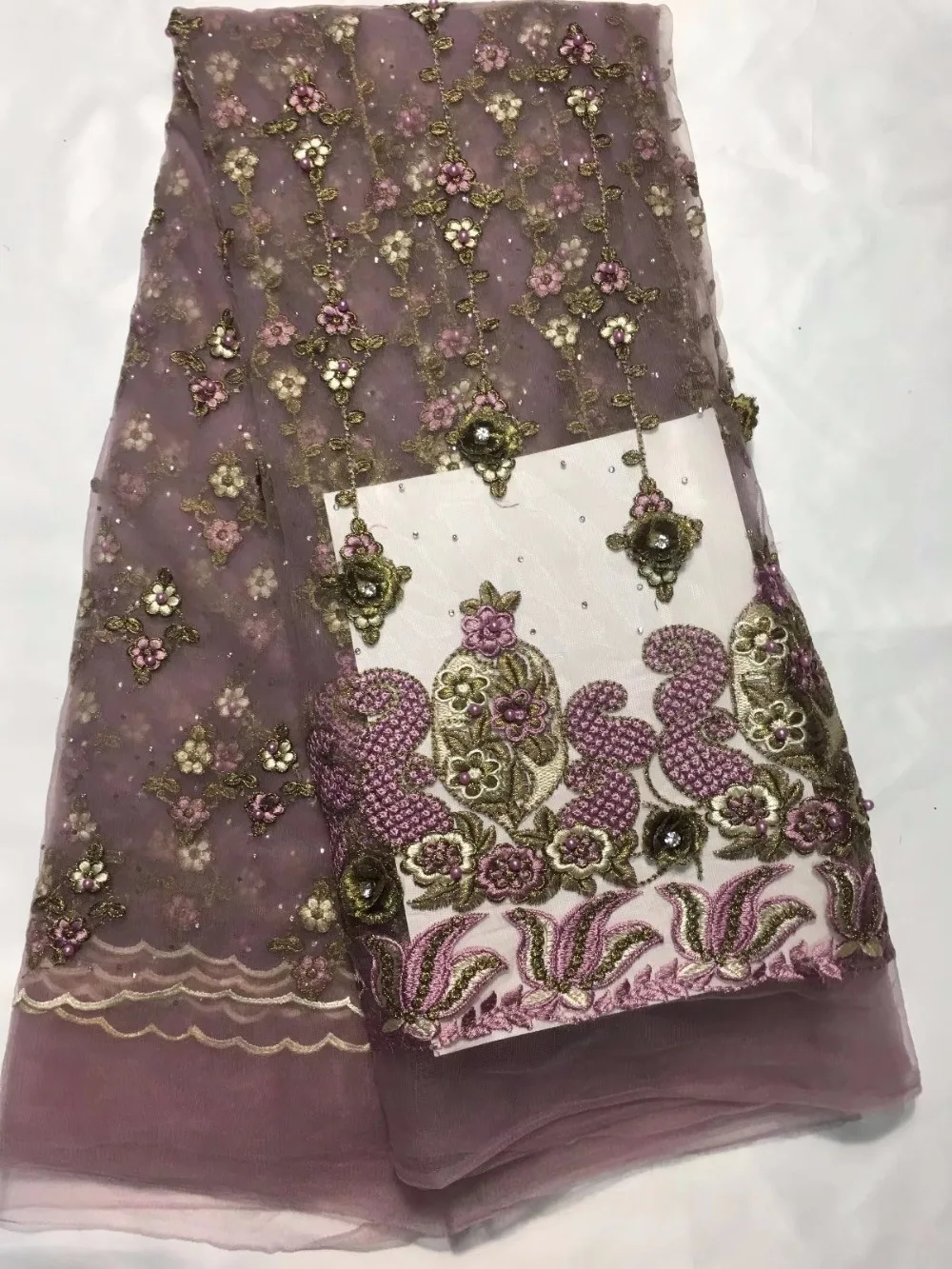 Последние популярные дизайны Бисером кружевная Ткань 5 ярдов африканская кружевная ткань индийское, высокого качества шелк Джордж кружевная ткань зеленая свадьба