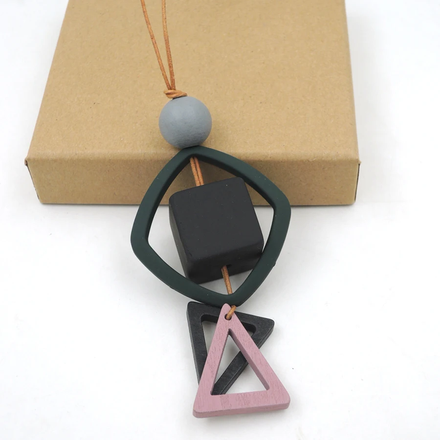 geometric triangle cube pendant minimalist wood statement modern everyday simple gery pink genuine leather cord brand NW045 | Украшения и