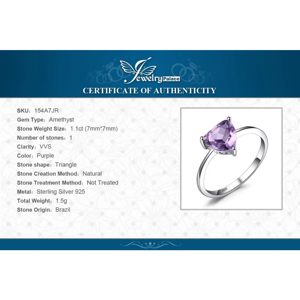 Jewelrypalace трлн 1.1ct натуральный Фиолетовый аметист пасьянс кольцо стерлингового серебра 925 пробы Для женщин Модные ук