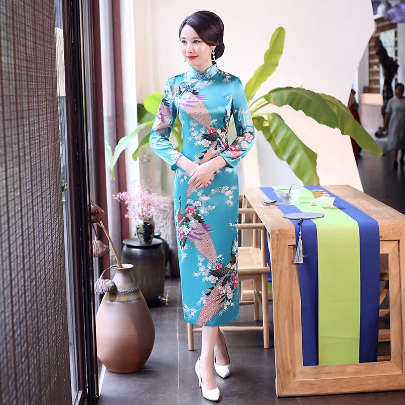 Розовый павлин с длинным рукавом Восточный вечернее платье плюс размеры Свадебные Cheongsam Традиционный китайский костюмы для женщин - Цвет: Sky blue E0049-8