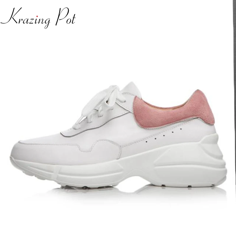

Krazing Pot winter new genuine leather mixed color platform breathable sneakers for women round toe lace up vulcanized shoes L91