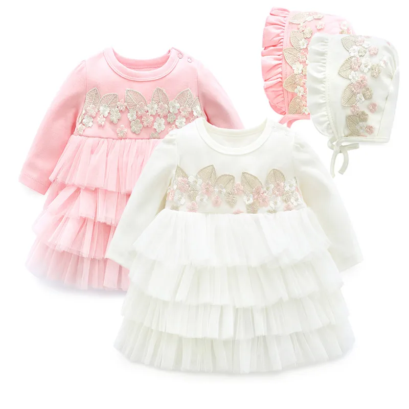 Newborn Baby Girl Dress Long Sleeve Lace Party Cupcake Dress Embroidery