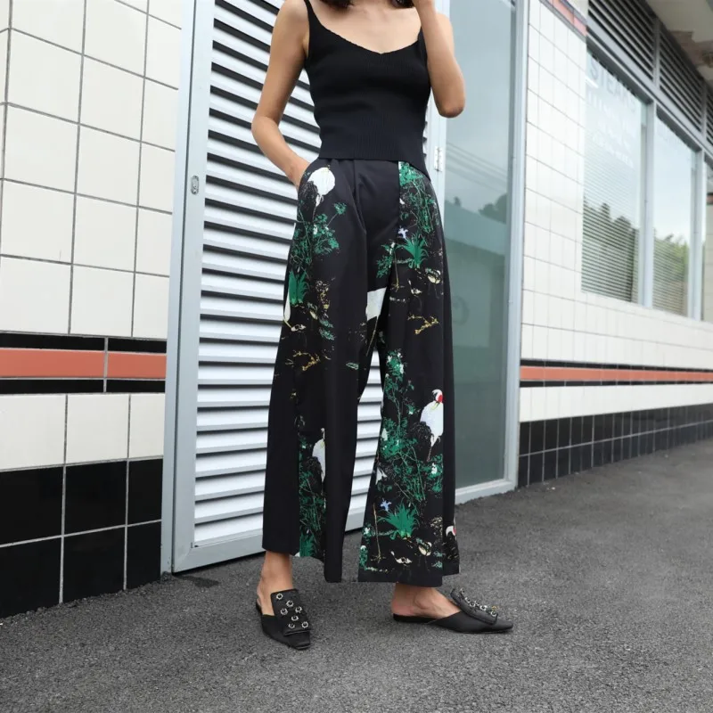 Cheerart Japanese Pants Women Vintage Songhak Print Wide Leg Pants Ankle Length Trousers Summer Loose Harajuku Flare Pants