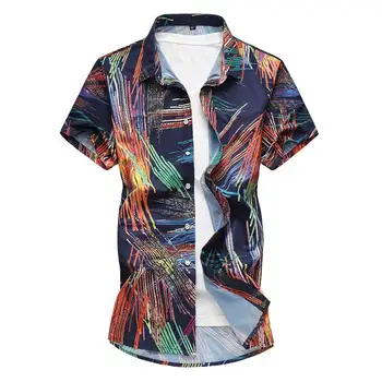 

Flower Shirt Dress Short sleeve Fashion Stripes Hawaiian Shirt Mens clothing Blouse Men White Navy
