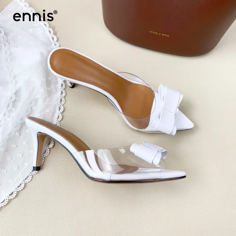 

ENNIS 2019 Stiletto Heels Women Pointed Toe High Heels Slipper Summer Bow Tie Slippers Transparent Shoes PVC Summer Fashion M964